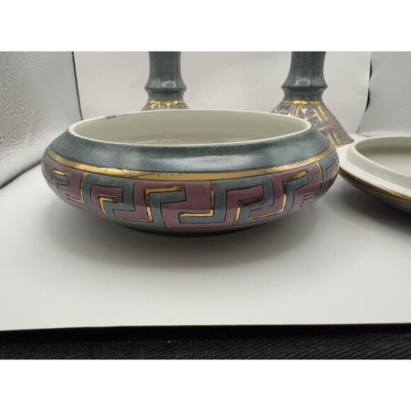 Vintage Hand Painted Chinoiserie Floral Trinket Dish & Matching Candle Sticks! - Picture 10 of 14